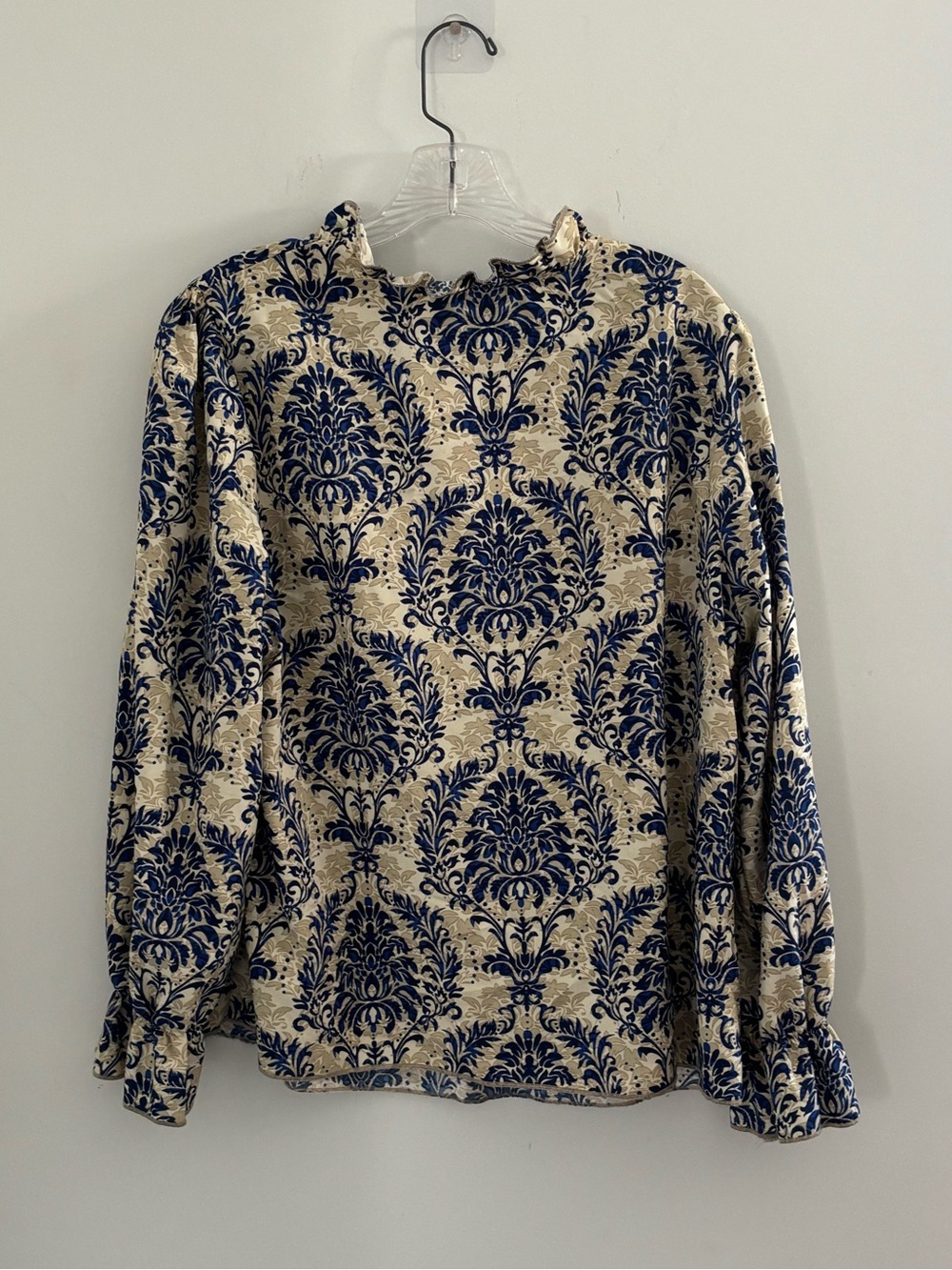 SHEIN Blue & Cream Damask Print Ruffle V-Neck Blouse - Picture 3 of 9